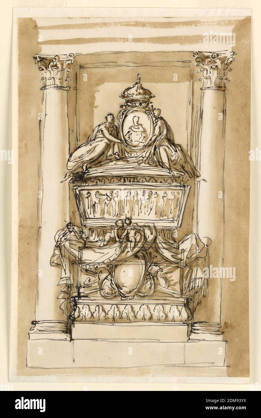Monument du roi Louis XVI de France, Giuseppe Barberi, italien, 1746–1809, stylo et encre brune, pinceau et savon brun sur papier blanc cassé doublé, destiné au même endroit que le 1938-88-1292. Ci-dessous se trouve un piédestal, dont le devant se trouve dans la partie principale décorée d'un étreon devant un trophée d'armes, et qui est recouvert d'un tissu à franges, qui est maintenu par deux putti. Au-dessus se trouve un sarcophage, dont le corps a la forme d'un trapèze, avec un relief encadré par des moulures. Sur la couverture, asseyez deux allégories féminines et soutenez un médaillon avec un portrait de buste, et une couronne sur le dessus. Banque D'Images