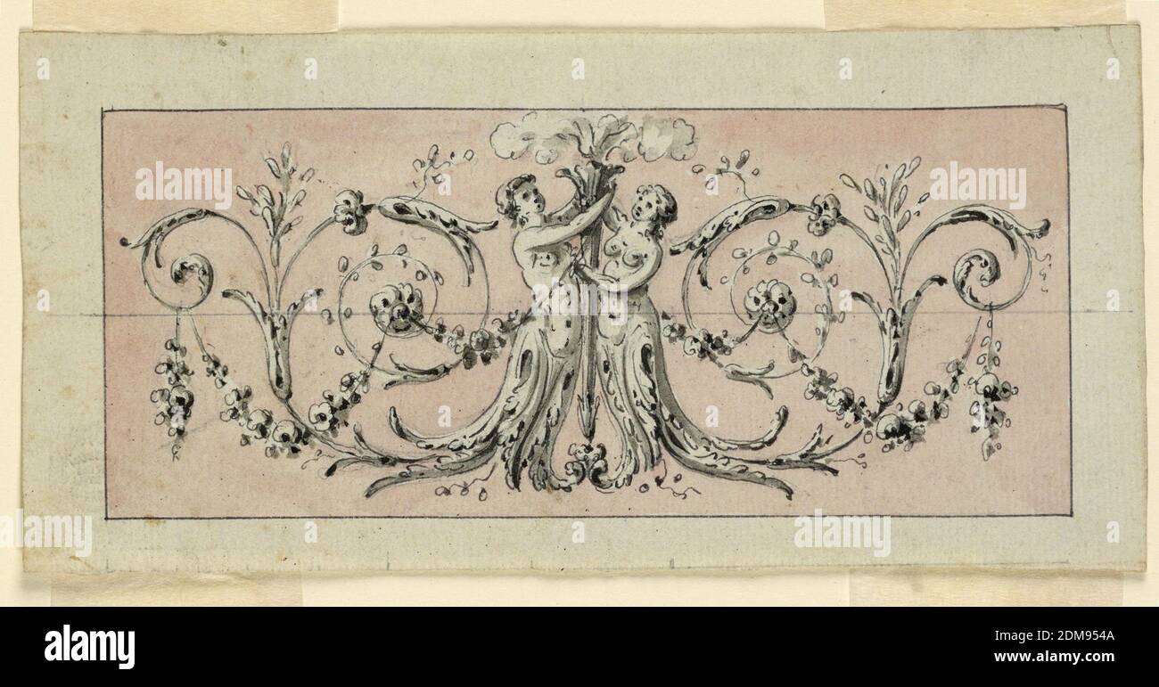 Design pour la décoration d'un panneau, craie noire, stylo et encre, pinceau et aquarelle rose et noire sur papier, au centre sont deux demi-figures femelles, dont le ressort de reneaux. Ils supportent une fleur semblable à une torche. Contour rectiligne de la ligne de cadrage. L'échelle est montrée à bord inférieur., France, 1760–1780, architecture, dessin Banque D'Images