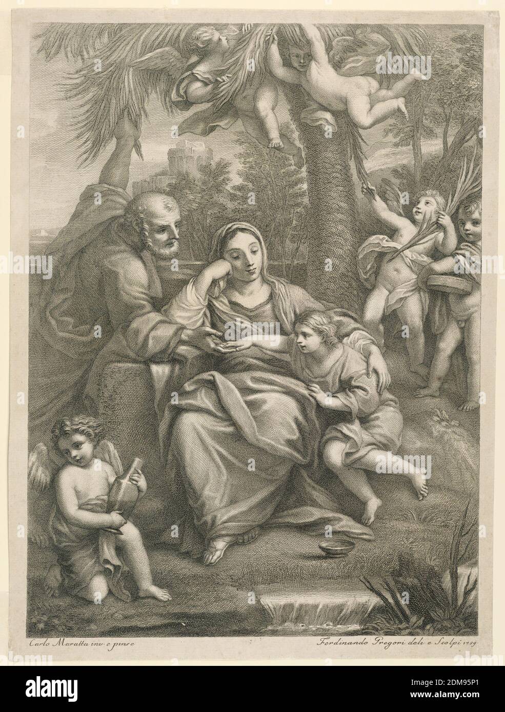 Sainte famille avec les chérubins présents, Ferdinando Gregori, Italien, 1743 - 1804, Carlo Maratta, Italien, 1625 - 1713, Engraving sur papier, la Sainte famille est montrée groupée sous un palmier. L'enfant Jésus repose sa main sur la paume de Joseph. En bas à gauche, un chérubin tient un pot de pommade, tandis que quatre autres rassemblent des palmiers en arrière-plan., Florence, Italie, Italie, 1759, Imprimer Banque D'Images