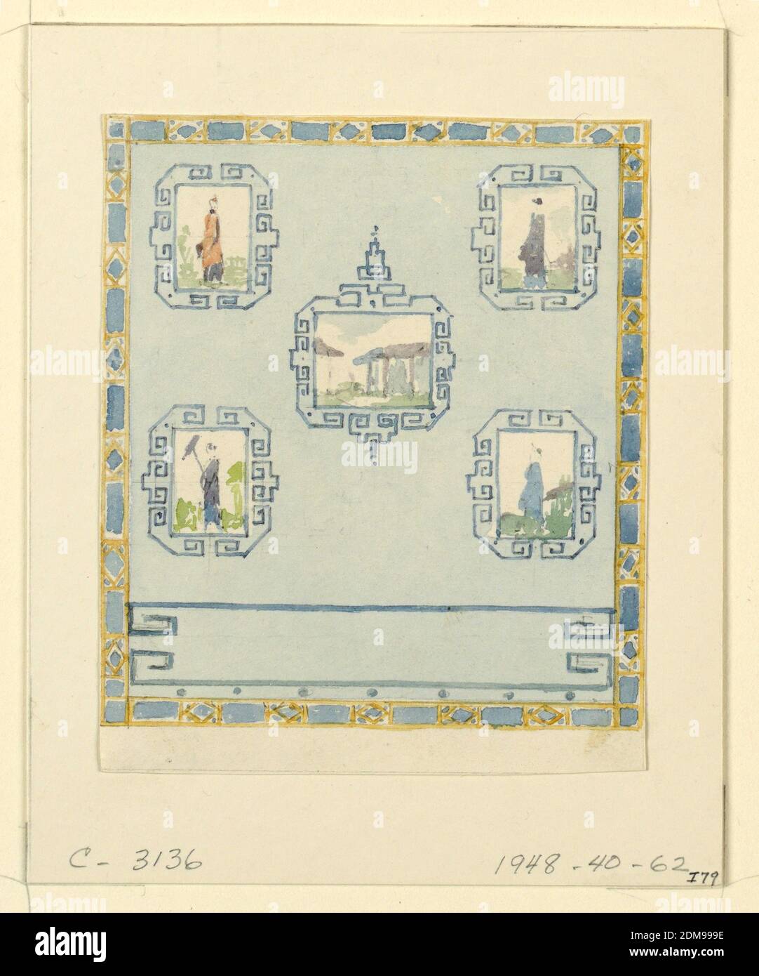 Décoration murale, salle de dessin bleue (sud), George IV, roi d'Angleterre, anglais, 1762 – 1830, pinceau et aquarelle sur graphite sur papier vélin blanc, rectangle vertical. Design pour le Pavillon Royal, Brighton. Un dessin pour un panneau mural, montrant cinq tableaux de scènes et de figures chinoises, enfermé dans le travail de treillis., album original associé à cette collection existe toujours. Voir l'accessoire 1948-40-1, 1815-22, intérieurs, dessin Banque D'Images