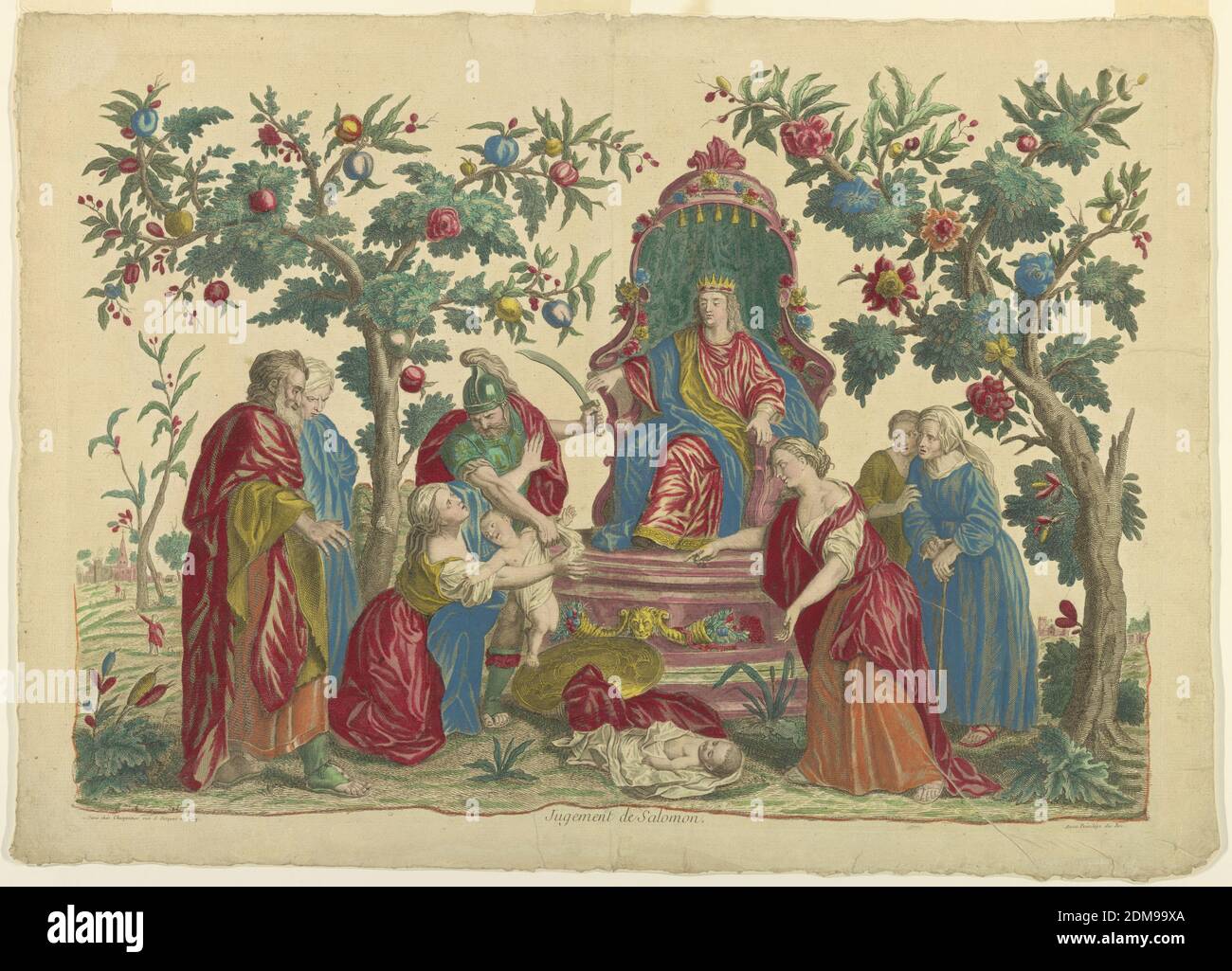 Le jugement de Salomon, Brush et aquarelle sur papier, monté, Salomon, sur un trône, arrête le soldat qui est sur le point de couper un bébé vivant en deux, à gauche. La vraie mère du bébé tente de protéger l'enfant, où, comme l'autre, à droite, pointe vers lui. L'enfant mort est au pied du trône. Deux spectateurs de chaque côté. En paysage avec des bâtiments en arrière-plan. Bas: 'A Paris chez Charpentier rue S. Jacques au Coq'. 'Jugement se Salomon'; 'avec privilège du Roi'., France, 1750–1775, Imprimer Banque D'Images Le jugement de Salomon, Brush et aquarelle sur papier, monté, Salomon, sur un trône, arrête le soldat qui est sur le point de couper un bébé vivant en deux, à gauche. La vraie mère du bébé tente de protéger l'enfant, où, comme l'autre, à droite, pointe vers lui. L'enfant mort est au pied du trône. Deux spectateurs de chaque côté. En paysage avec des bâtiments en arrière-plan. Bas: 'A Paris chez Charpentier rue S. Jacques au Coq'. 'Jugement se Salomon'; 'avec privilège du Roi'., France, 1750–1775, Imprimer Banque D'Images