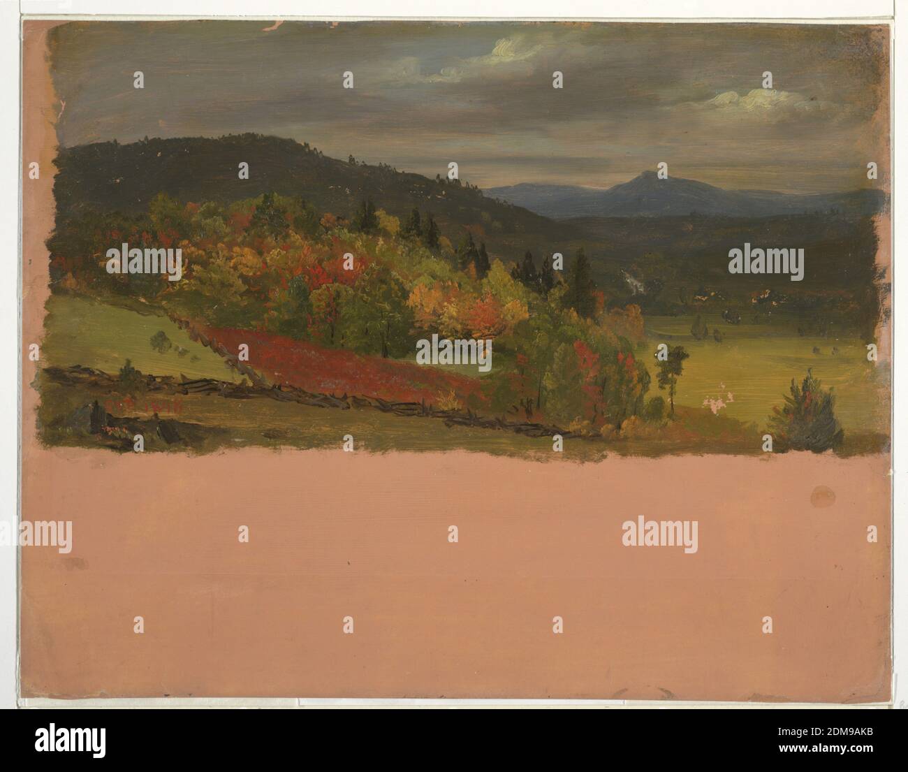 Paysage d'automne, église Frederic Edwin, américaine, 1826–1900, peinture au pinceau et à l'huile sur papier, vue dans une vallée bordée de collines à gauche et dans le plan du milieu. Une chaîne de montagnes est dans le bon fond. Ciel nuageux. Les bois sont montrés en particulier dans le plan central gauche. Clôtures en rondins. Les marges sont laissées libres et montrent la roseraie latéralement, et très large fond., Etats-Unis, septembre 1848, paysages, dessin Banque D'Images