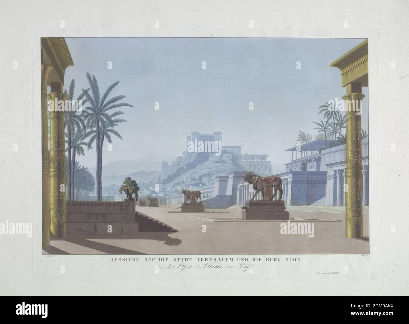 Scène: Jérusalem et le Mont Sion, pour Athalia, Karl Friedrich Schinkel, allemand, 1781–1841, Friedrich Jugel, 1833, acquatint coloré, rectangle horizontal. Une grande terrasse avec des statues de taureaux déchorgés bordés par des palais égyptiens. En arrière-plan, une forteresse avec des tours carrées sur une colline. Ci-dessous, noms et titres des artistes et des éditeurs: 'AUSSICHT AUF DIE STADT JERUSALEM UND DIE BURG SION / in der Oper Athalia von Poissl', Allemagne, 1816, théâtre, Imprimer Banque D'Images