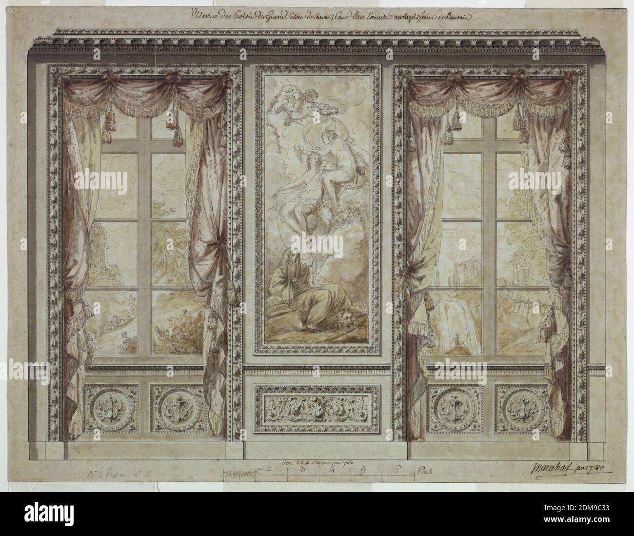 Design pour un mur de fenêtre avec panneau tapisserie, Château de Craon, Jean-Baptiste Marechal, stylo et encre noire, brosse et lavage gris, rose, aquarelle jaune, craie noire sur papier crème, UN dessin pour un mur. Le panneau central (tapisserie) comporte trois fates qui tournent le fil de la vie. Au-dessus d'eux, un puto possède un monogramme couronné, qui peut contenir les initiales du propriétaire du château de Craon, le marquis d'Armaille. Ce panneau central décoratif est flanqué de deux fenêtres drapées, à travers lesquelles on peut voir un paysage romantique avec des temples classiques. Sous les fenêtres se trouvent des médaillons circulaires Banque D'Images