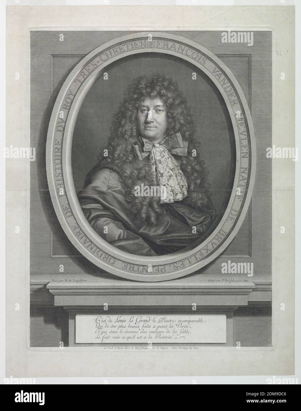 Portrait d'Adam-Frans van der Meulen, Pierre-Louis van Schuppen, 1627 - 1702, Nicolas de Largillière, 1656 - 1746, Etching sur papier à encre noire, portrait du peintre Adam Frans van der Meulen (1632-1690). La tête en vue frontale, le corps en vue latérale vers la droite. Il porte une longue perruque curly. Sa cravate en dentelle et ruban est visible sous son manteau lâche., France, 1687, Imprimer Banque D'Images