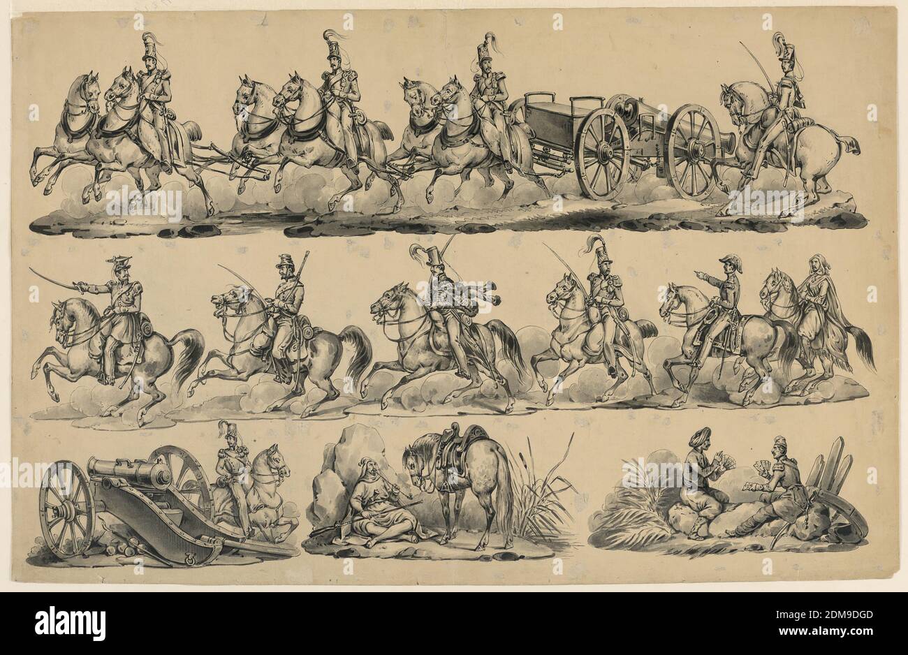 Vignettes militaires, Victor Vincent Adam, 1801–1866, stylo et encre, brosse et lavage brun et noir sur papier, soldats de l'artillerie dessin canon; figure arabe au repos; soldats au repos; jeu de cartes. Vignettes présentées en trois plages., France, 1830–1840, dessin Banque D'Images