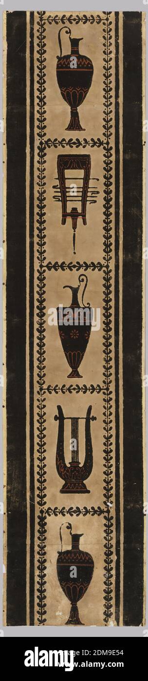 Bordure, bloc imprimé et floqué sur papier fait à la main, motif vertical, en noir floqué de rouge sur terrain de terre cuite. Urnes alternées et instruments de musique enfermés dans un cadre rectangulaire formé par un motif de feuilles conventionnel., Angleterre, 1800–1820, Wallcovers, Border Banque D'Images