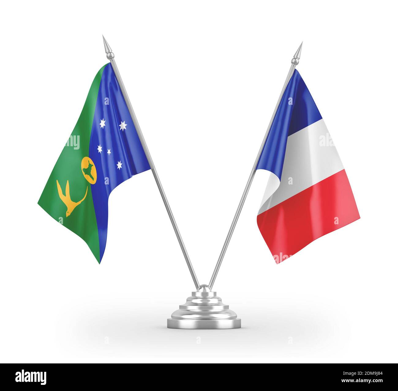 Drapeaux de table de France et de l'île de Noël isolés sur la 3D blanche rendu Banque D'Images