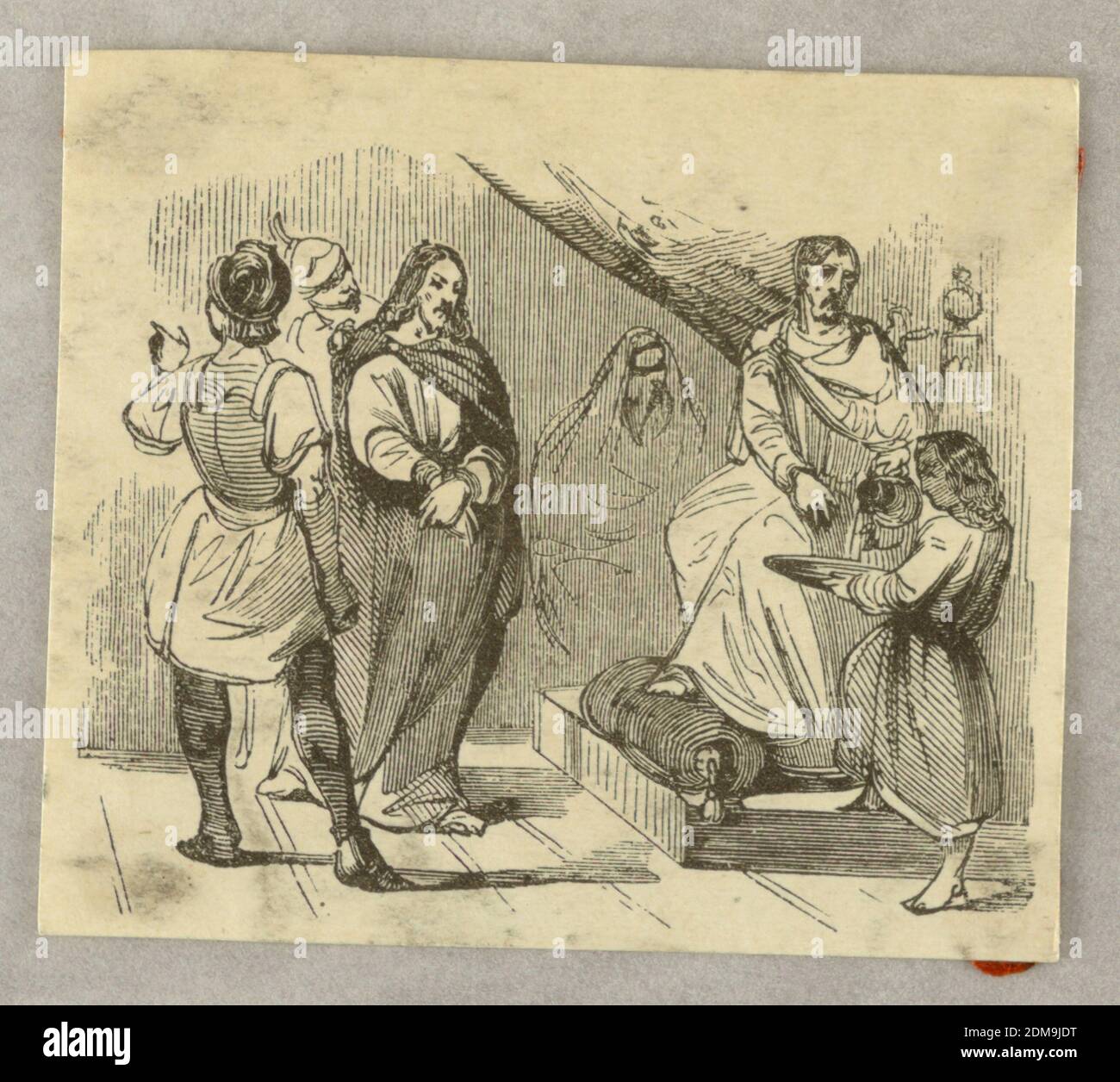 Pilate lave ses mains, gravure en bois sur papier, il est sur son trône, à droite Christ et deux soldats sont à gauche., France, 1840, Imprimer Banque D'Images
