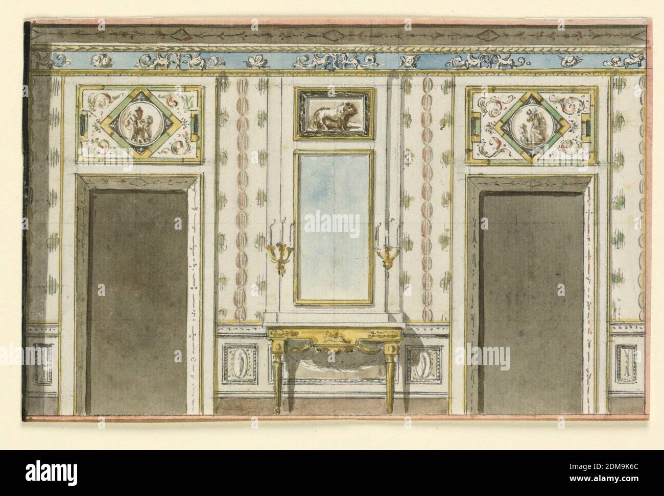 Élévation d'un mur, UN panneau mural est flanqué de deux ouvertures de porte ayant des oblongs avec une décoration grotesque comme portes-fenêtres., Italie, 1790, dessin Banque D'Images