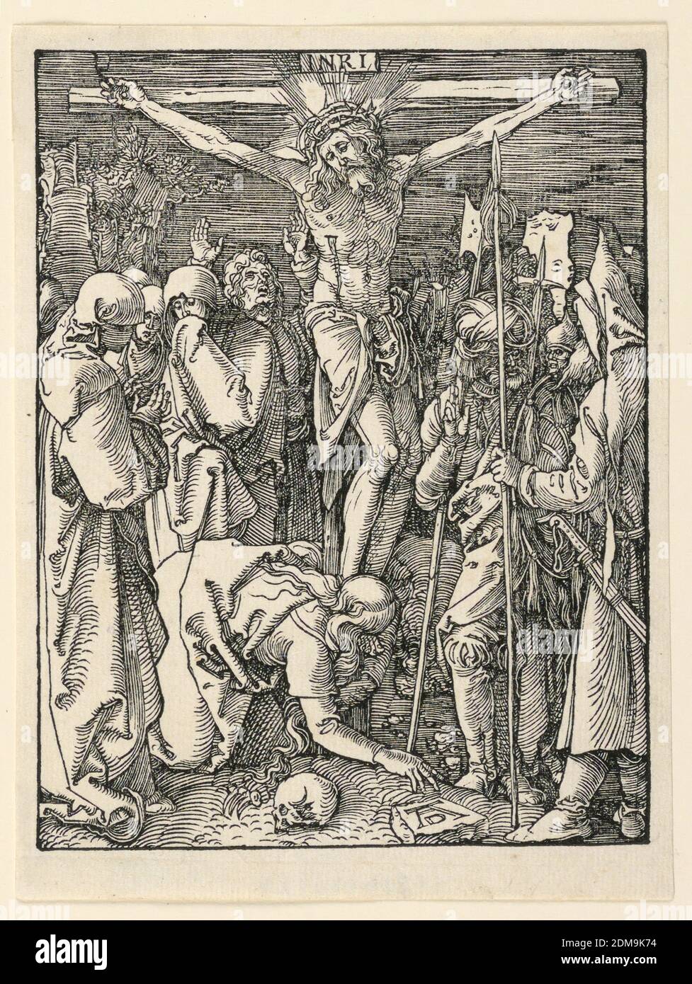 Christ sur la Croix (la Crucifixion), de la série de la petite passion, Albrecht Dürer, allemand, 1471–1528, Woodcut sur papier, Christ est sur la croix au centre de la composition, face au spectateur. Les saintes femmes et Saint-Jean debout à gauche, Marie-Madeleine s'agenouille aux pieds du Christ, sa main gauche couvrant son visage. Soldats à droite. Monogramme de Dürer sur la pierre, près de la partie inférieure droite., Allemagne, ca. 1509–1511, Imprimer Banque D'Images