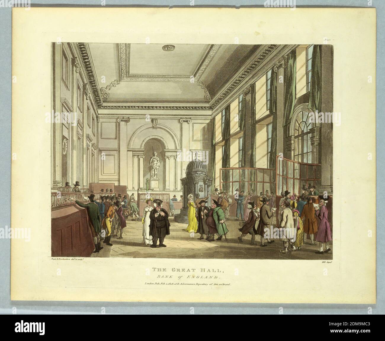 The Great Hall, Bank of England, de 'Ackermann's Repository', Thomas Rowlandson, britannique, 1756–1827, Augustus Charles Pugin, français, Grande-Bretagne active, ca. 1762–1832, John Hill, British, active aux États-Unis, 1770 - 1850, Aquatint, pinceau et aquarelles sur papier, hommes manipulant de l'argent par une rampe, à gauche. Porte à droite, bureaux au centre à l'arrière, et à l'extrême droite il y a des groupes de personnes dans le hall. Titre, noms des artistes et des éditeurs ci-dessous., Europe, Londres, Angleterre, 1808, Imprimer Banque D'Images