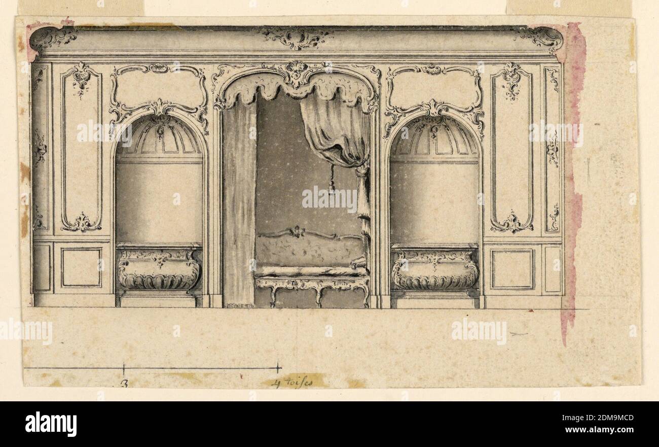 Design pour un mur de salon, stylo et encre, pinceau et aquarelle, graphite sur papier, alcôve avec rideaux et canapé entre niches avec tourteaux., France, ca. 1760, dessin Banque D'Images