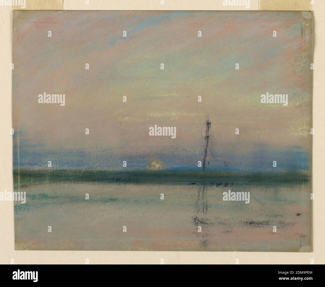 Paysage, Walter Clark, américain, 1848–1917, pastel sur papier gris, vue lointaine sur l'eau et une plaine. Le soleil se couche ou monte voilé par les nuages. Un navire est affiché au premier plan à droite., USA, ca. 1885, paysages, pastel, pastel Banque D'Images