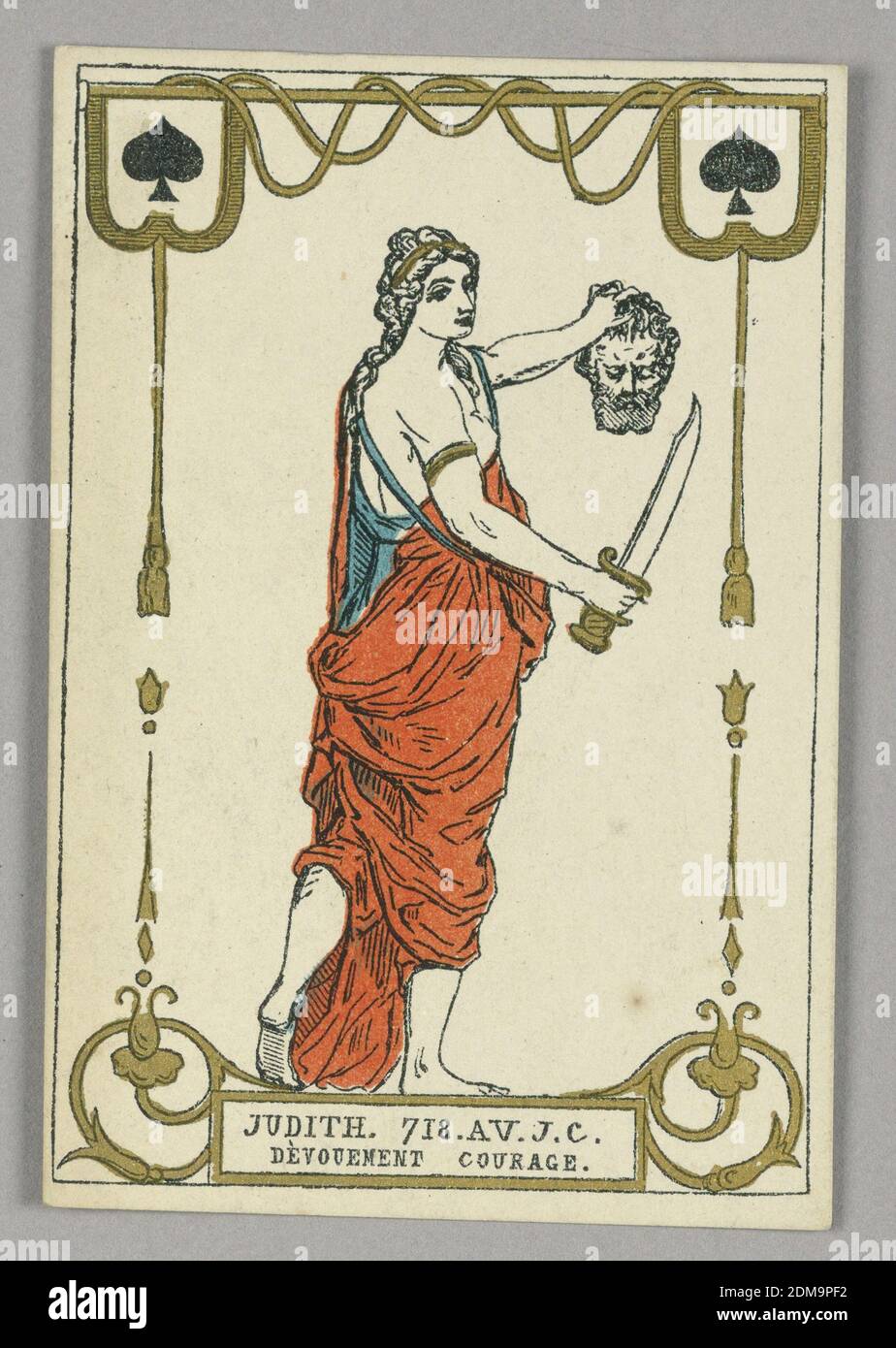 Judith (dévotion, courage), jouant la carte de 'cartes héroïques' ou 'des grands hommes', Marcel G. Dèschampes, français, actif 19e c., Alphonse-Joseph-Ferdinand Minne, belge, actif 19e c., pochoir sur papier, jouant la carte d'un ensemble de 'cartes héroïques, France, 1871 ou de 'cartes, lithotiques, Paris Banque D'Images