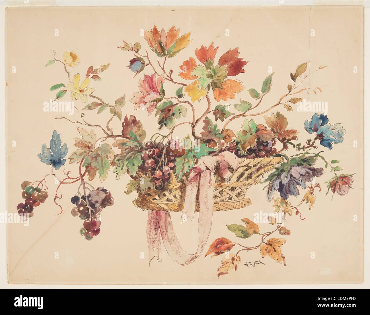 Dessin pour broderie ou tapisserie, Alphonse de Neuville, français, 1835 - 1885, stylo, encre, aquarelle et gouache sur papier, dessin pour broderie ou tapisserie par Alphonse Marie de Neuville (1836–1885). Panier avec fleur et vigne. Sans support ni arrière-plan. Une festion de ruban est suspendue au panier., France, 1875–80, dessin Banque D'Images