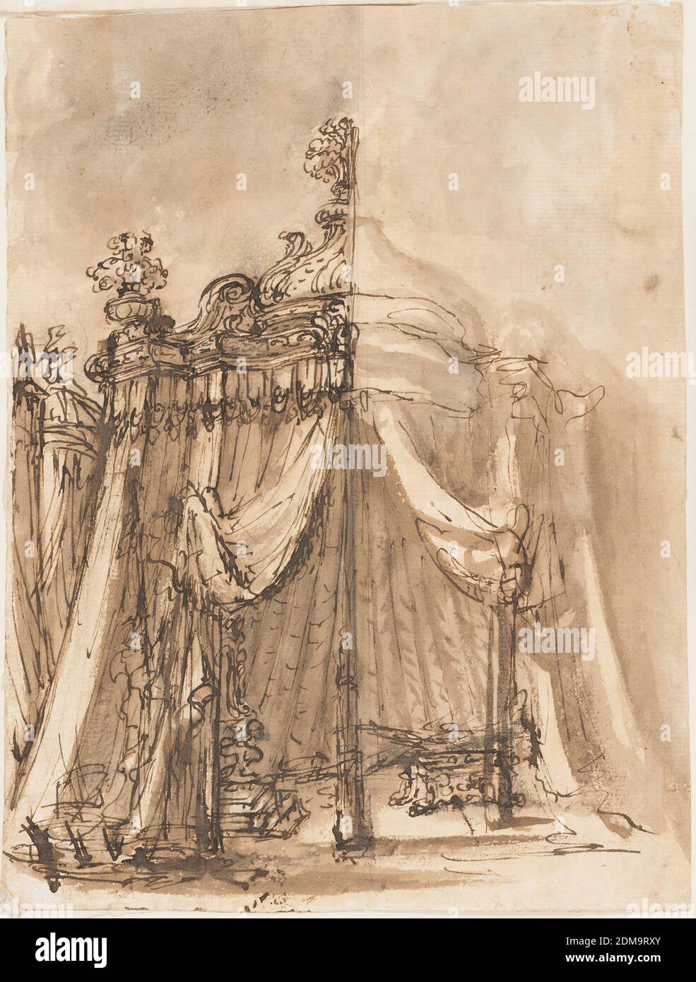 Tente royale, Giuseppe Barberi, italien, 1746–1809, stylo et encre brune, brosse et lavage brun sur papier blanc cassé, doublé, les deux ailes à côté du poteau à l'entrée sont relevées. Visible à l'intérieur, à gauche, une partie d'un trône, à droite, un piédestal sur lequel reposent des objets distincts. À gauche de deux autres tend. La moitié droite est seulement en partie esquissée., Rome, Italie, 1775–1800, théâtre, dessin Banque D'Images
