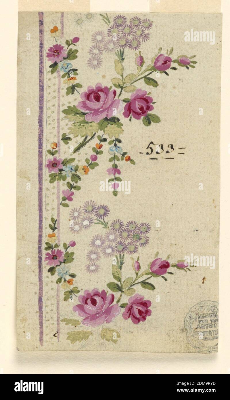 N° de conception 533 pour une bordure verticale brodée de la fabrique de Saint RUF, fabrique de Saint RUF, Lyon, France, Graphite, pinceau et gouache sur papier, un bouquet de fleurs, le boufort principal étant une rose en pointillés à côté et partiellement ouvert, une bande verticale à gauche., France, 1785–1790, dessin Banque D'Images