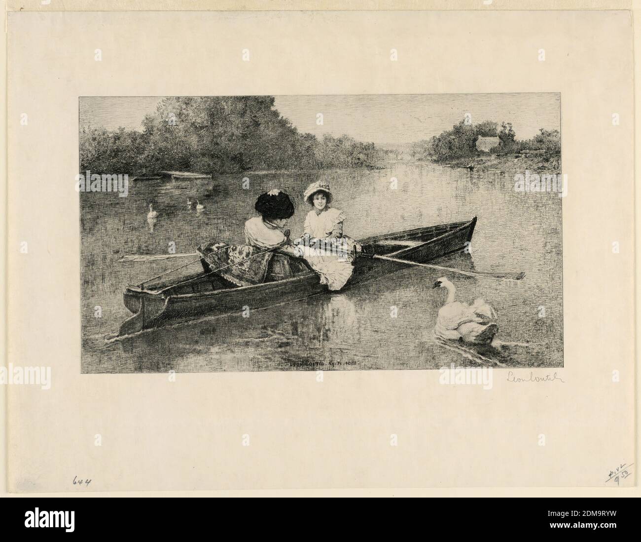 Deux dames dans une barque, Léon Marie Coutil, Français, 1856 - 1943, Etching à l'encre noire sur papier couleur crème, deux dames dans une barque, l'une manipulant les arres, l'autre le timon au moyen de lignes. Un cygne se dirige vers eux., France, 1881, Imprimer Banque D'Images