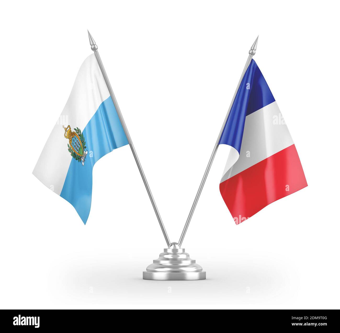 France et Saint-Marin drapeaux de table isolés sur 3D blanc rendu Banque D'Images