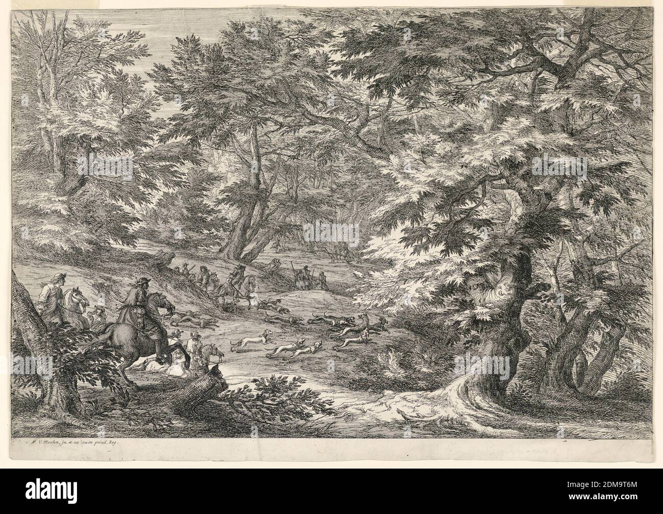 Scène de chasse avec deux cavaliers, Adrien Franz Boudewyns, 1644 - 1711, Adam Frans van der Meulen, flamand, 1631 - 1690, gravure sur papier, cavaliers et chiens poursuivent un loup à travers une forêt. Dans le premier plan gauche sont deux cavaliers., pays-Bas, après 1690, Imprimer Banque D'Images