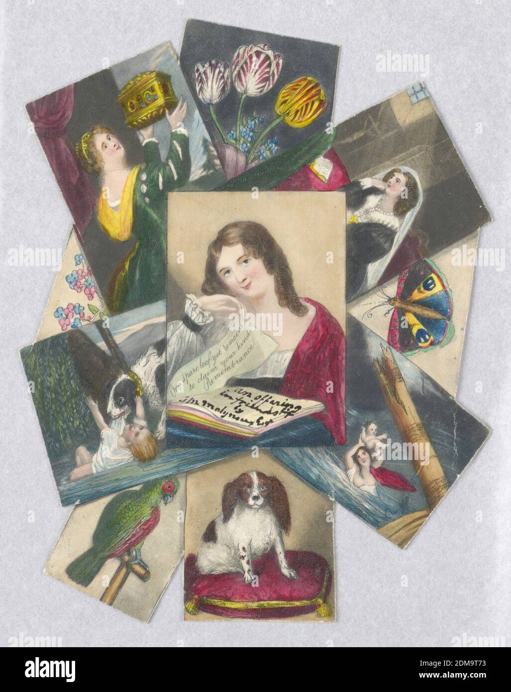 Souvenir salutation, gravure, peinture au pinceau et à l'huile sur le papier, montage simulé de reproductions d'oiseaux, de chiens, de tableaux célèbres, etc. Au centre, une fille tenant la feuille d'un livre inscrit: «une feuille de rechange encore pour réclamer votre souvenir de genre»., Angleterre, 1838–1840, carte de voeux, carte de voeux Banque D'Images