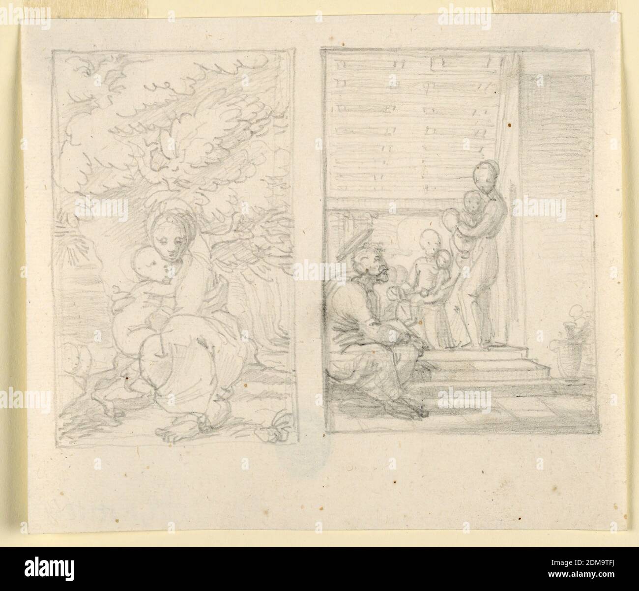 La Vierge et l'enfant, Fortunato Duranti, Italien, 1787 - 1863, Graphite, partiellement impressionné sur papier, deux représentations. À gauche : la Vierge assise sous un arbre, tenant l'enfant qui l'embrasse. À droite : vue à la salle de thé, dans laquelle Marie s'assoit avec l'enfant sur ses genoux. Une femme s'adresse à eux. Une autre femme se tient avec son bébé près de l'entrée, regardant Joseph qui s'assoit sur les marches. A droite un pichet.', Italie, 1820-1850, dessin Banque D'Images