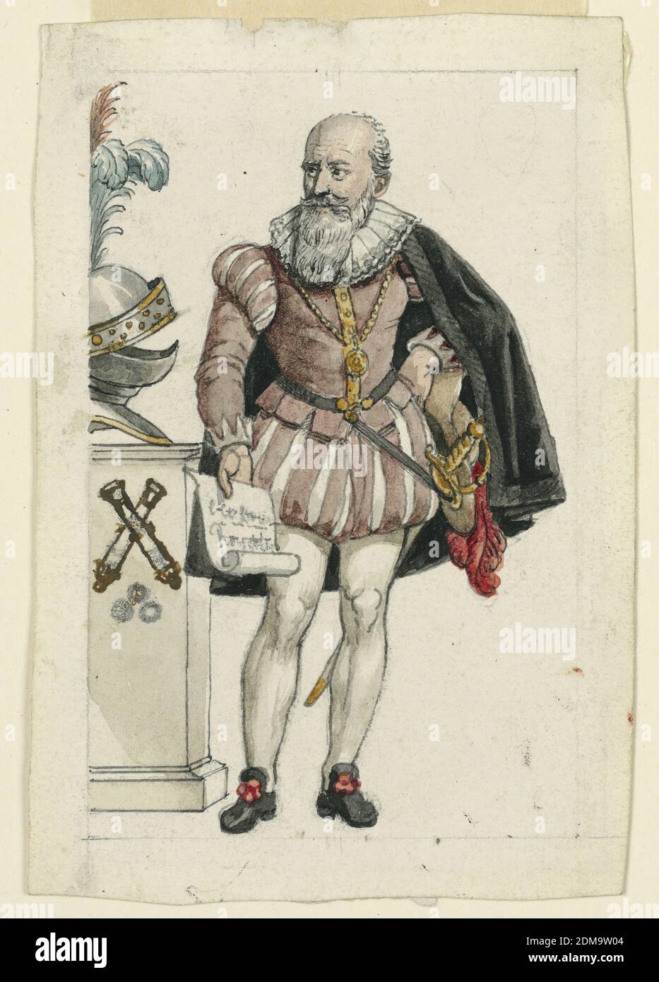 Design pour une carte à jouer : Valet (ou Jack) de coeurs, Graphite, pinceau et aquarelle, Sully est montrée debout à côté d'un piédestal sur lequel se tient un casque. Il porte un rouleau de papier avec une inscription dont 'Roy' est intelligible., France, 1825–1850, jouer à la carte, jouer à la carte Banque D'Images