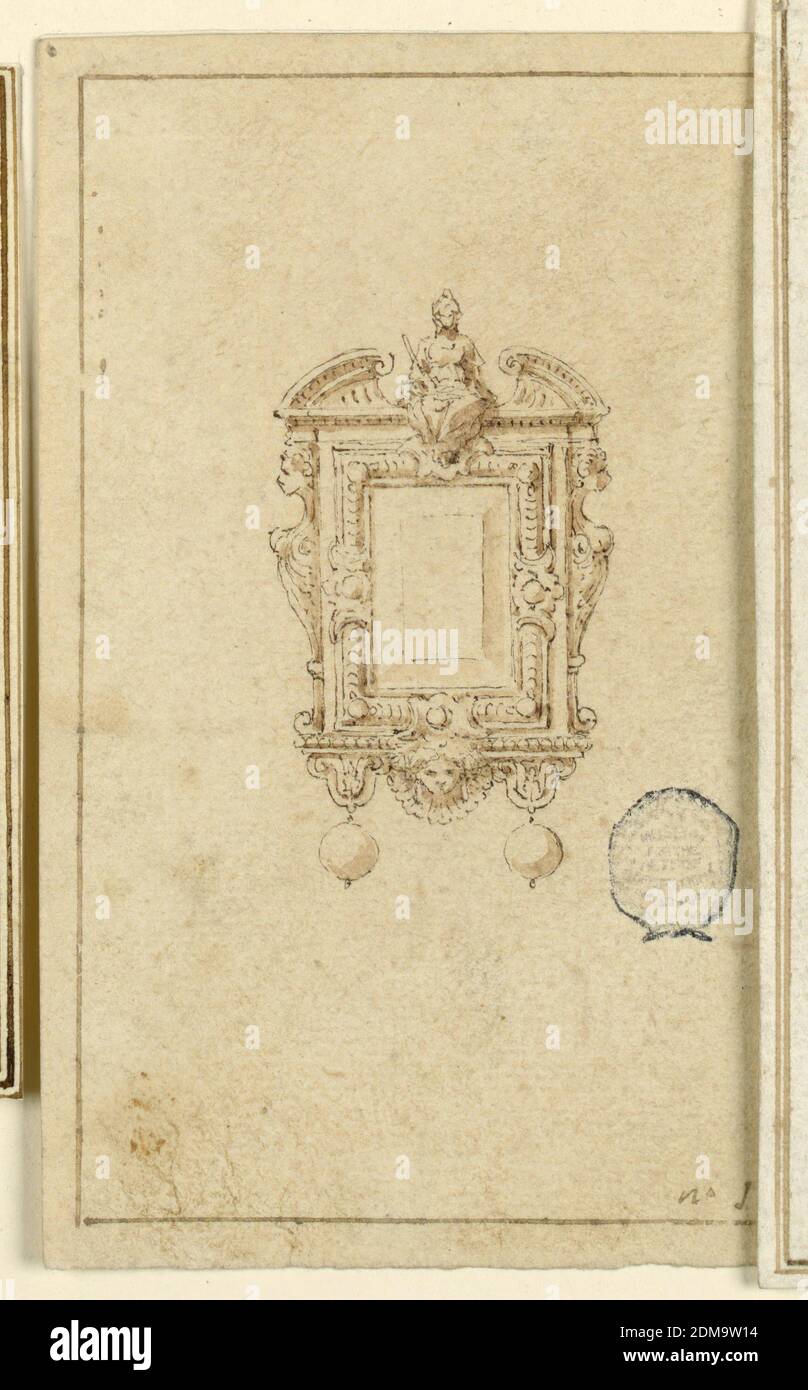 Design pour broche oblongue, stylo et encre, pinceau et laver sur papier, femme portant un casque assis dans un fronton cassé, flanqué de volutes. Ci-dessous, un cadre rectangulaire. D'un côté comme de l'autre, un chiffre fantastique. Ci-dessous, un masque et deux perles suspendues., Italie, XVIe siècle, bijoux, dessin Banque D'Images