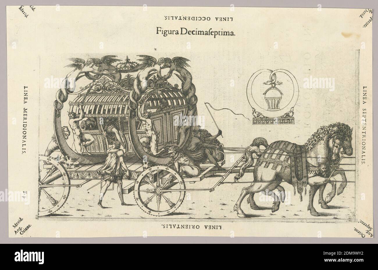 Plaque XVII de Theatrum instrumentorum et machinarum, Julio Paschale, Woodcut sur papier, UNE calèche tirée par plus de deux chevaux, conduit, au centre, par un homme assis entre deux lions sculptés qui font face à l'arrière. Une plate-forme sur les roues, avec une caisse soutenue par deux cents soutenant un toit. Sphinx, défile, fauns, nymphes et couronne au-dessus. Description en latin sur verso du 1949-152-214., Europe, 1582, Imprimer Banque D'Images