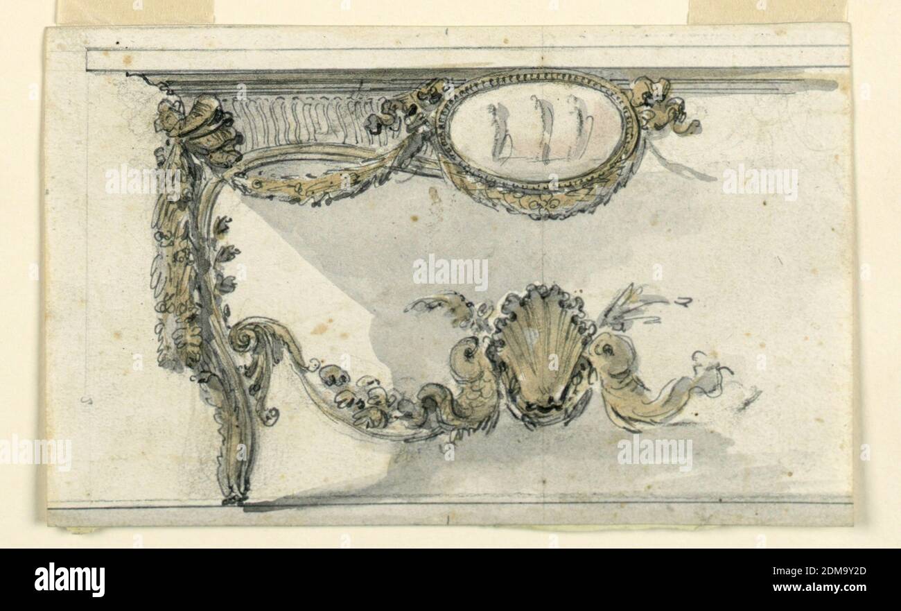Design pour une table de console, Giuseppe Barberi, italien, 1746–1809, pinceau et aquarelle grise, marron et rose, stylo et encre grise et noire, graphite sur papier, avec support cartonné, dessin montrant une partie du dessin d'une table de console. La conception comprend une façade de soutien cannelée et un relief central à trois figures. Le relief est encadré dans des tons chaleureux avec une festion botanique en dessous, qui se déforme vers le plan d'examen, puis s'étend vers la jambe, accrochée le long de la jambe à l'extérieur. Les jambes sont reliées ci-dessous par des défilés se terminant par des dauphins qui soutiennent une coquille au centre Banque D'Images