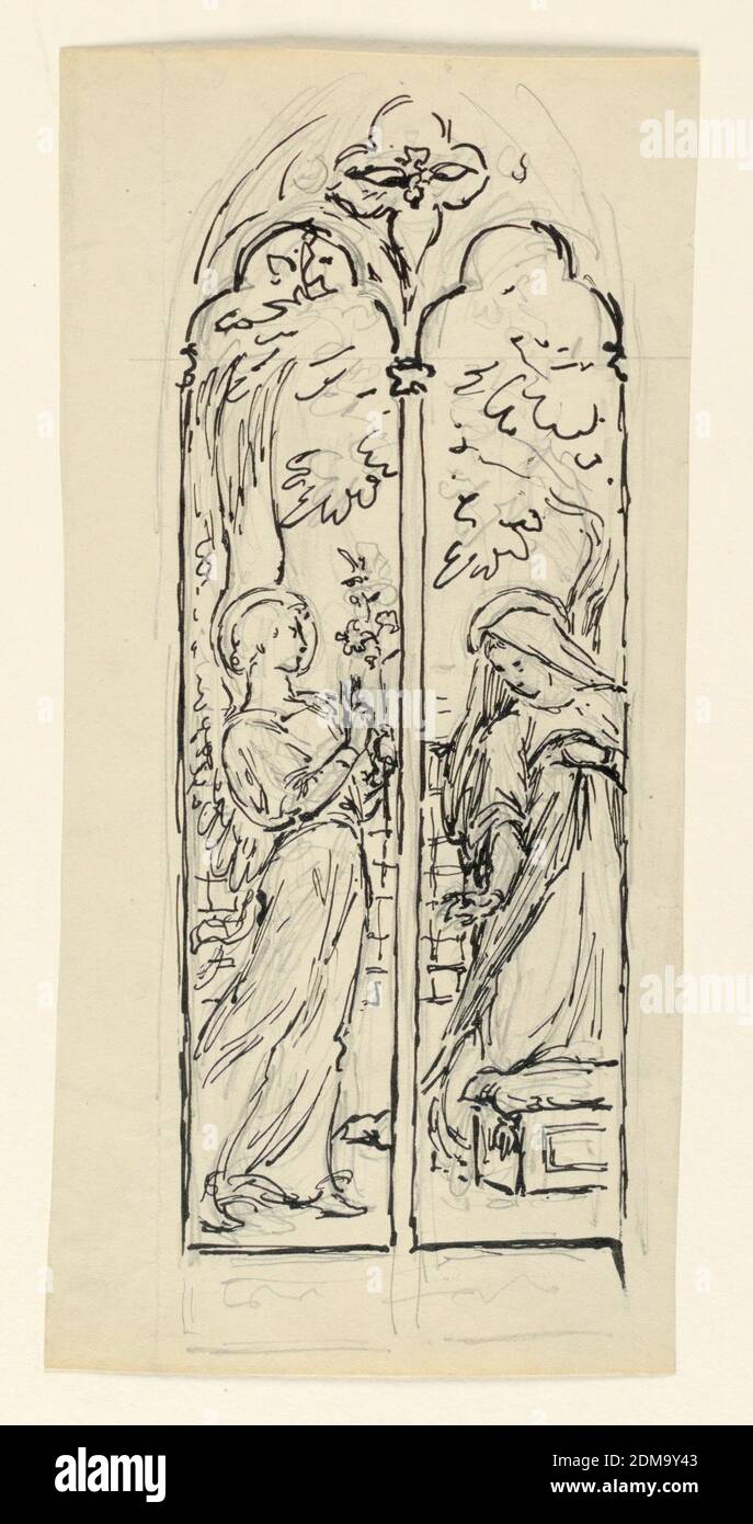 Etude pour 'l'Annonciation', Kenyon Cox, American, 1856–1919, Graphite, stylo et encre sur papier, esquisse de deux panneaux de fenêtre représentant l'Annonciation; à gauche, une jeune figure tient un lis, à droite, la figure représentant la Vierge Marie est agenouillée et un jardin est montré en arrière-plan., USA, ca. 1905, architecture, dessin Banque D'Images