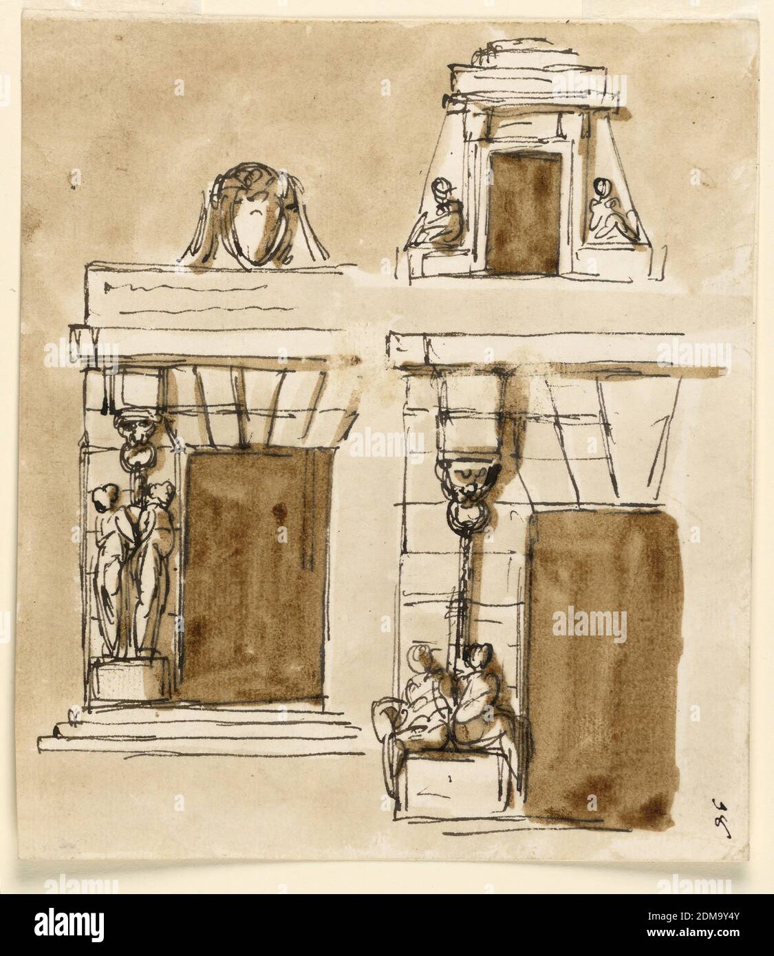 Portes d'une prison, Giuseppe Barberi, italien, 1746–1809, stylo et encre  brune, brosse et lavage brun sur papier blanc cassé, doublé, à gauche :  plus grande partie de l'élévation. Deux captifs debout sont