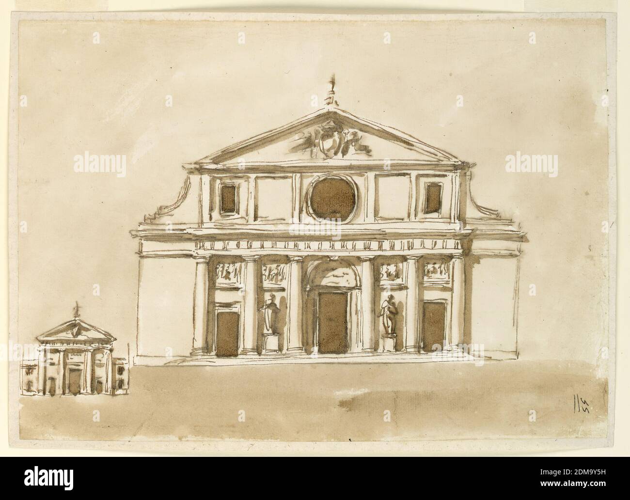 Élévation d'une église, Giuseppe Barberi, italien, 1746–1809, stylo et encre brune (bistre), brosse et lavage brun sur papier blanc cassé doublé, dessin principal : une variation de 1938-88-1235. Les murs et les entablatures des sections latérales ne sont pas décorés. La porte centrale se trouve dans une niche. Le grenier est divisé en cinq panneaux. Une fenêtre circulaire se trouve dans la fenêtre centrale; des fenêtres oblongues dans les fenêtres latérales. Dans le coin inférieur gauche, à petite échelle : quatre colonnes soutiennent l'entablature avec une frise triglyphe et un pédiment triangulaire. Une porte centrale supérieure et une porte latérale inférieure sont illustrées Banque D'Images