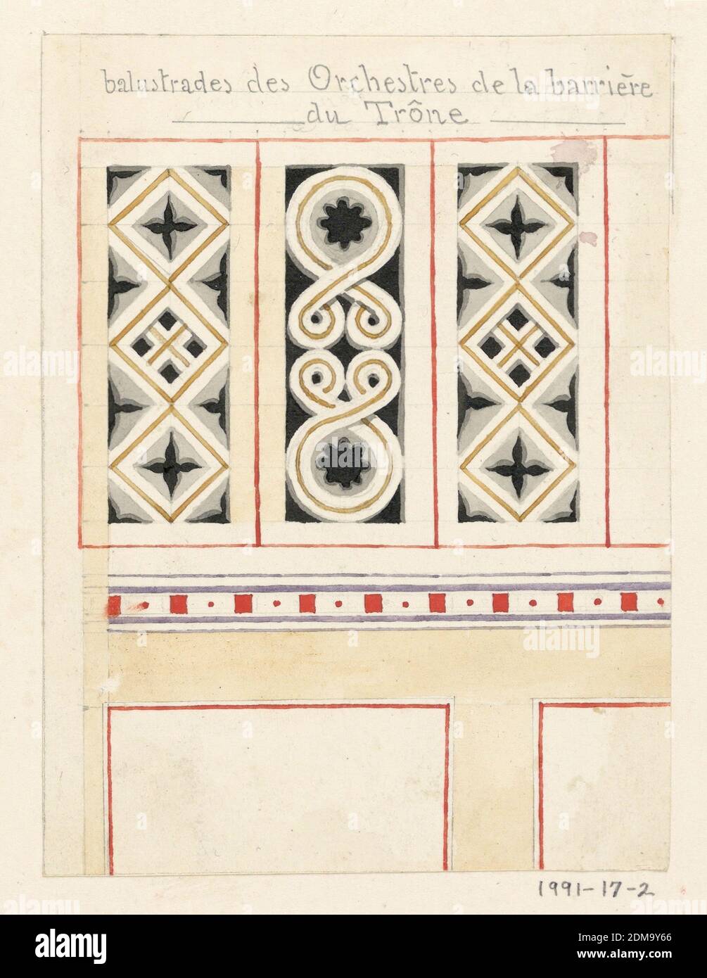 Balustrades Orchâtres de la barrière du Trone', Félix-Jacques Duban, français, 1798 - 1870, aquarelle, pinceau et encre noire, lavage, graphique support : Papier blanc cassé monté sur papier blanc cassé, conception d'un panneau articulé à la section supérieure avec trois sections rectangulaires verticales distinctes, chacune séparée par une fine ligne rouge, et décorée de motifs abstraits de gris, noir et or. Au-dessous de cette section se trouve une fine bande horizontale décorée de carrés et de points rouges. Ci-dessous, partiellement illustré, se trouve la partie inférieure du panneau avec une conception très simple, non ornée Banque D'Images