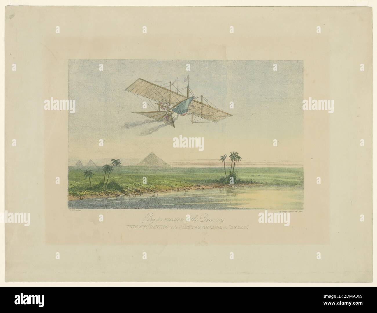 L'Ariel au-dessus des Pyramides, W. Walton, Day & Haghe, anglais, CA. 1830 - 1845, lithographie, pinceau et aquarelle sur papier, UN navire à vapeur est vu au-dessus des pyramides d'Égypte. Ci-dessous, titre: 'Avec la permission des patentaires / cette gravure de la première calèche, l'Ariel', et le nom du graveur., Angleterre, ca. 1850, Imprimer Banque D'Images