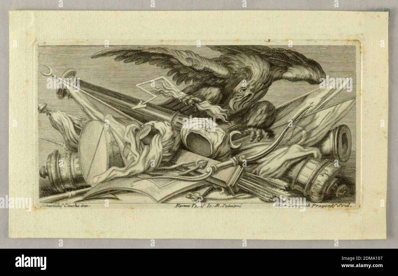 Vignette, Trophée des armes turques, Maximilien Joseph Limpach, Tchèque, active la 1ère moitié du 18ème siècle, Sebastiano Conca, Italien, 1680 - 1764, gravure sur papier, un aigle avec un coup de tonnerre se dresse sur les armes., Europe, Rome, Italie, ca. 1720, Imprimer Banque D'Images