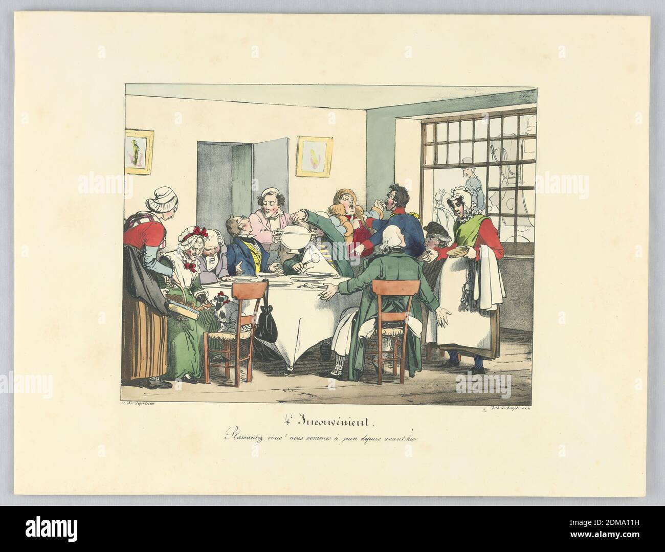 VOI de Plaisantez ? Nous sommes à jeunesse avant hier, planche 4 de 'Inconvenient', Auguste-Xavier Leprince, Français, 1799 - 1826, Gottfried Engelmann, 1788 - 1839, Lithographie, pinceau et aquarelle sur papier, dîner dans une auberge. Femme qui allaite son chien, à gauche. Table en dehors de la fenêtre, à droite. Titre et noms des artistes ci-dessous., Paris, France, ca. 1825, Imprimer Banque D'Images