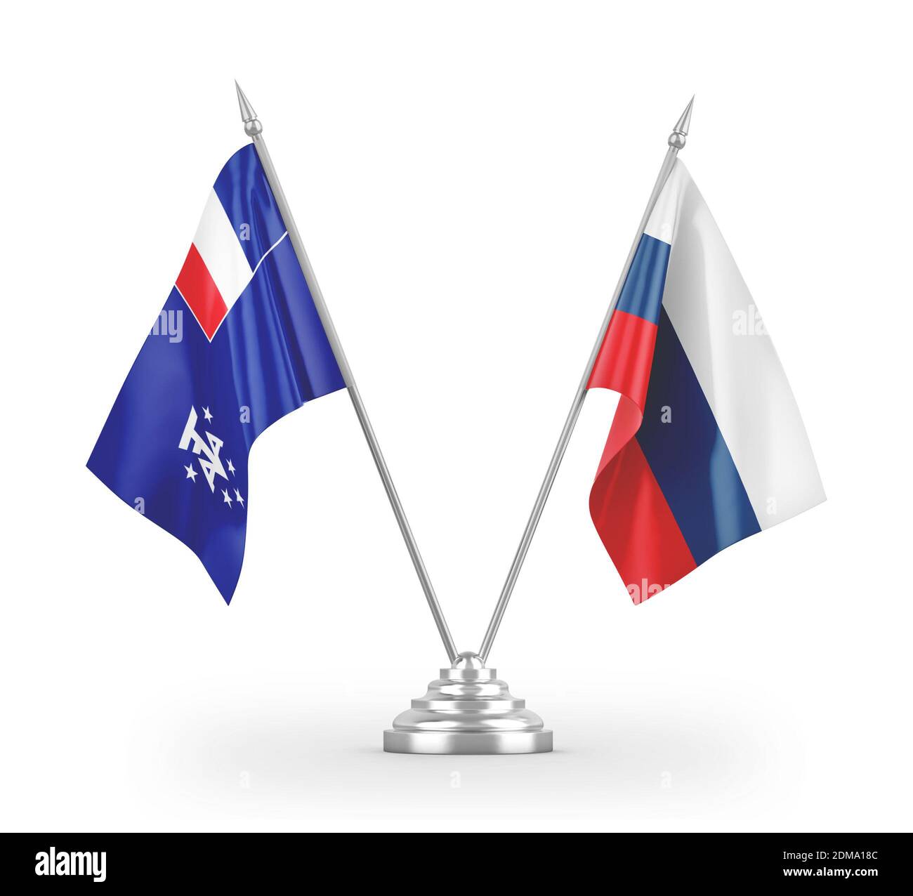 La Russie et les terres australes et antarctiques françaises ont isolé des drapeaux de table sur blanc Banque D'Images