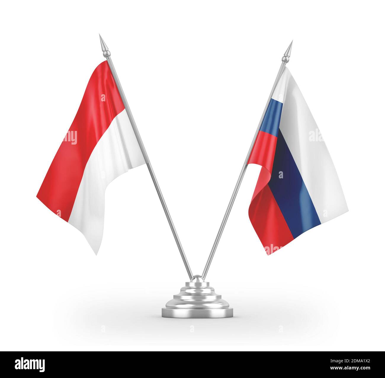 Drapeaux de table de Russie et d'Indonésie isolés sur le rendu 3D blanc Banque D'Images