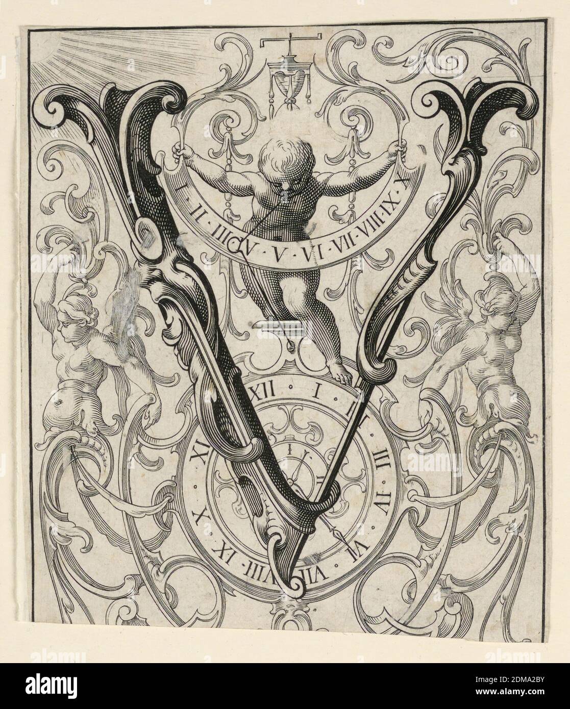 Panneau avec la lettre 'V' du 'Newes ABC Büechlein', Lukas Kilian, allemand, 1579 – 1637, sur papier blanc cassé, faisant référence à un horloger ('uhrmacher'). Un sablier, un cadran solaire et une horloge sont illustrés. La partie inférieure du panneau est manquante., Augsberg, Allemagne, 1627, Imprimer Banque D'Images