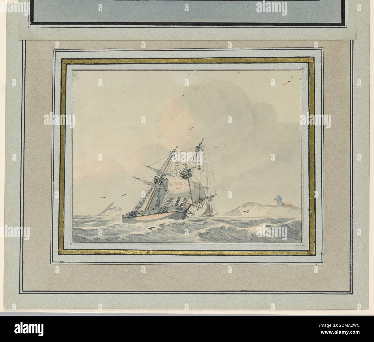 Voiliers près d'un cap, Lodewijk Gilles Haccou, Néerlandais, 1792 - 1830, pinceau et aquarelle sur papier, UN deux maître est montré dans le premier avion. Plutôt un vent fort. Un phare est au cap. La signature L G Haccon f est écrite sur une voile. Ligne de cadrage, pays-Bas, 1810–1825, dessin Banque D'Images