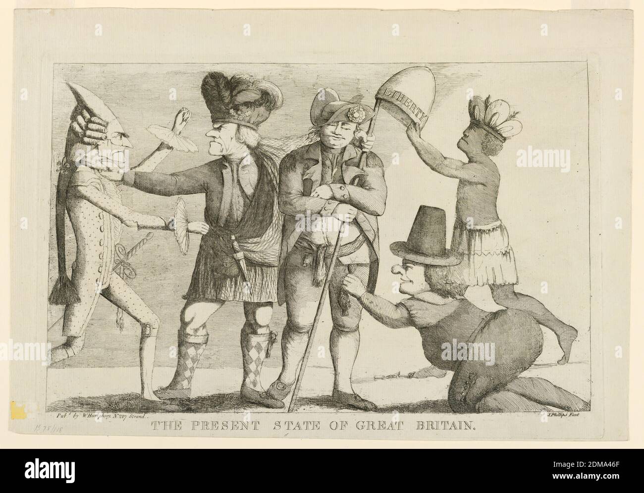 L'état actuel de la Grande-Bretagne, J. Phillips, active 1770 - 1780, gravure sur papier, caricature politique montrant un pèlerin et un américain indigène voler un coloniste qui se trouve au centre, en train de piller. A gauche, un Scotsman se bat avec un français fop., Angleterre, ca. 1775, Imprimer Banque D'Images