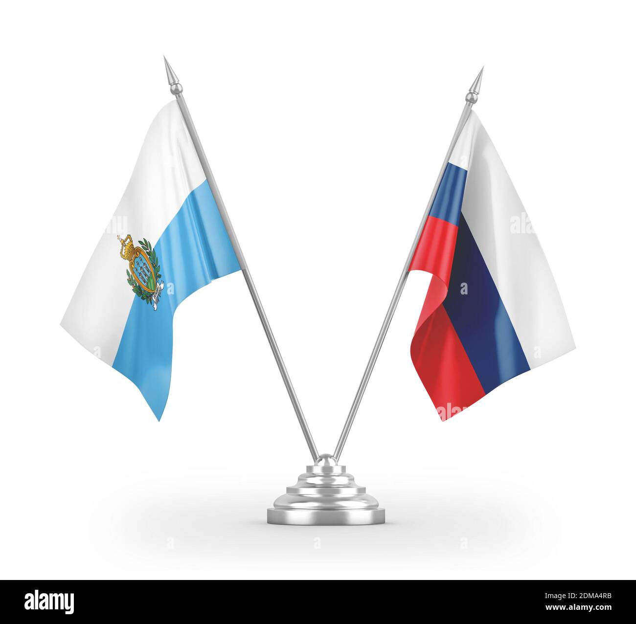 Russie et Saint-Marin drapeaux de table isolés sur 3D blanc rendu Banque D'Images