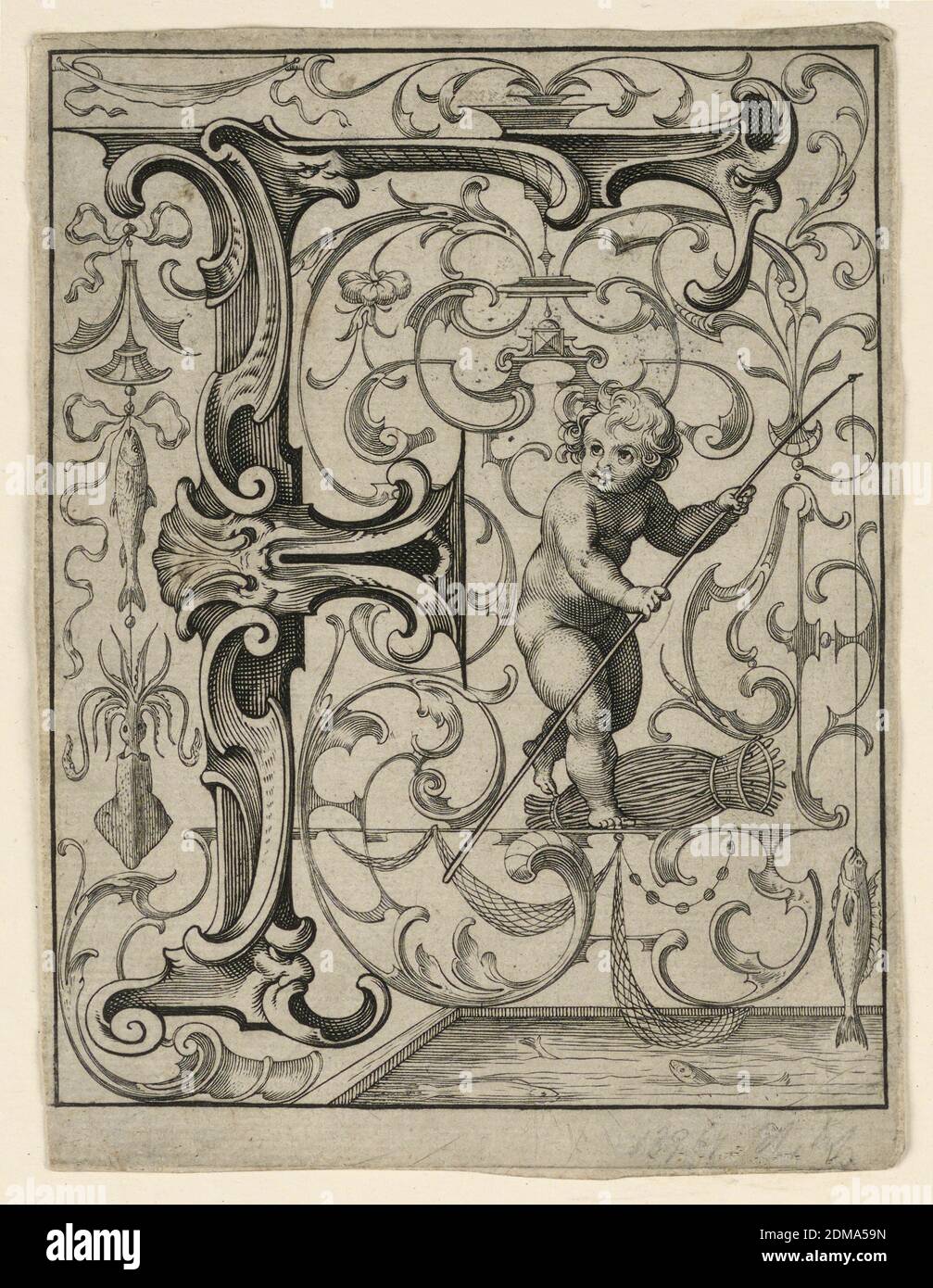 Panneau avec la lettre 'F' du 'Newes ABC Büechlein', Lukas Kilian, allemand, 1579 – 1637, gravure sur papier blanc cassé, Fishing boy ('Fishen')., Augsberg, Allemagne, 1627, Imprimer Banque D'Images