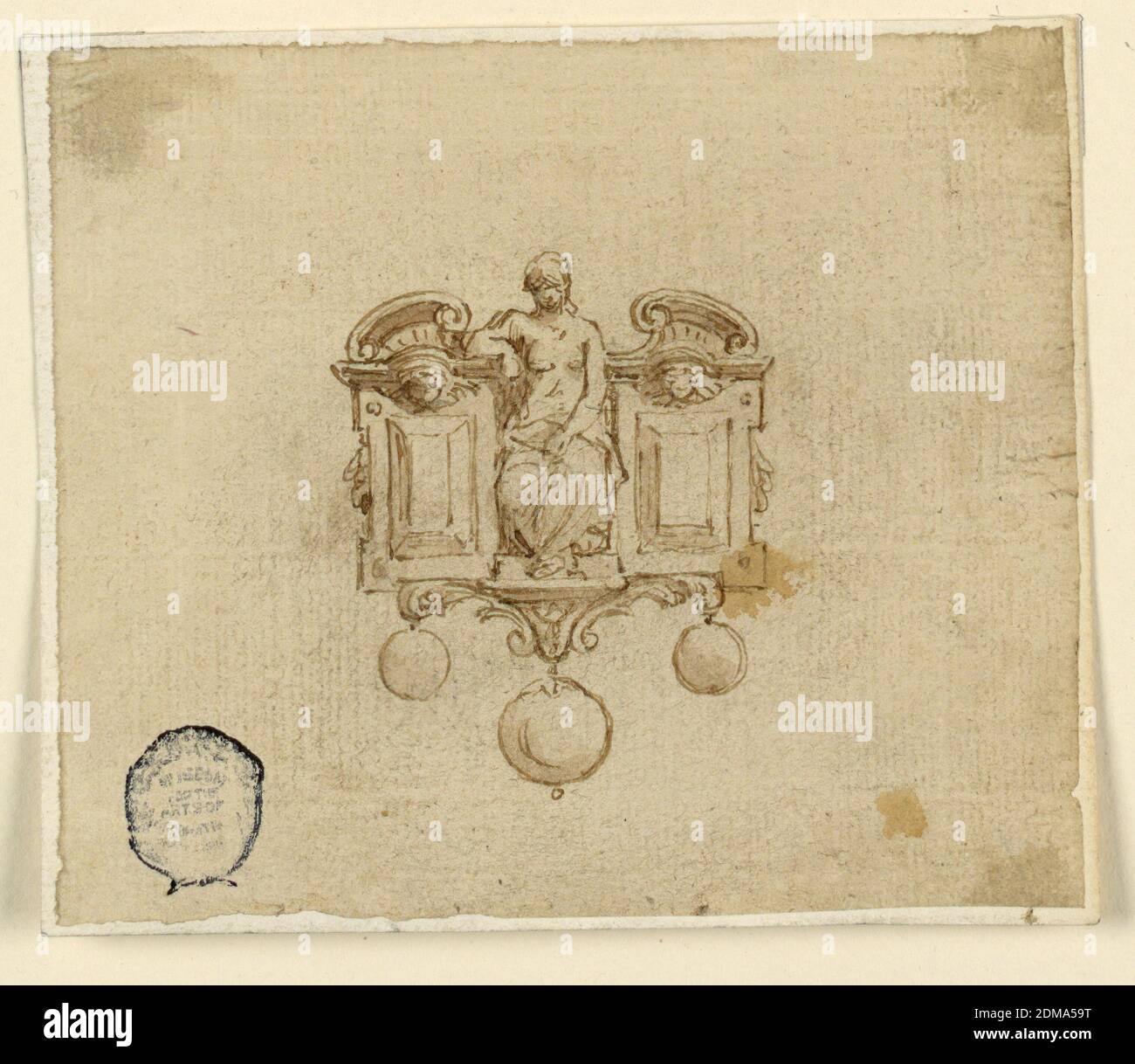 Design pour broche avec femme en Pedimet cassé, stylo et encre, pinceau et laver sur papier, UNE femme est assise dans un fronton cassé, flanquée d'une paire de volutes et de deux pierres à facettes verticales. Trois perles pendantes ci-dessous., Italie, XVIe siècle, bijoux, dessin Banque D'Images