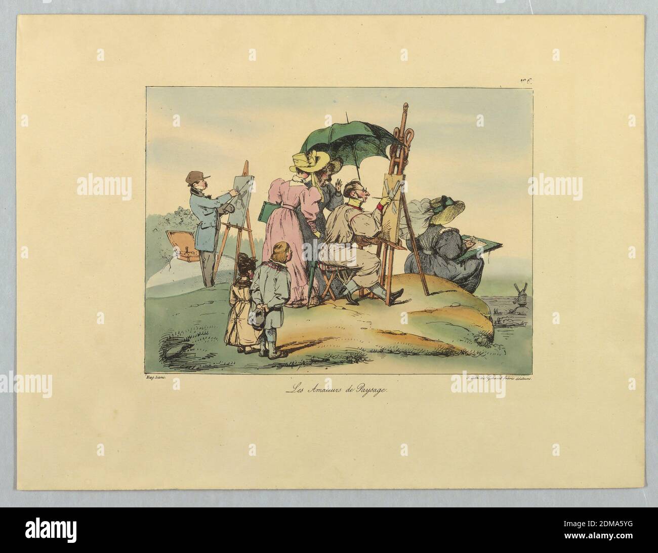 Les amateurs de Paysage, Gihaut Frères, français, 1815 - 1871, Eugène Louis Lami, français, 1800 - 1890, Lami-Denozan, français, 19th c., lithographe, pinceau et aquarelle sur papier, trois personnes peignant ou dessinant sur une crête, donnant sur un moulin à vent droit. Deux femmes et deux enfants regardent. Titre et noms des artistes ci-dessous., Paris, France, ca. 1830, Imprimer Banque D'Images