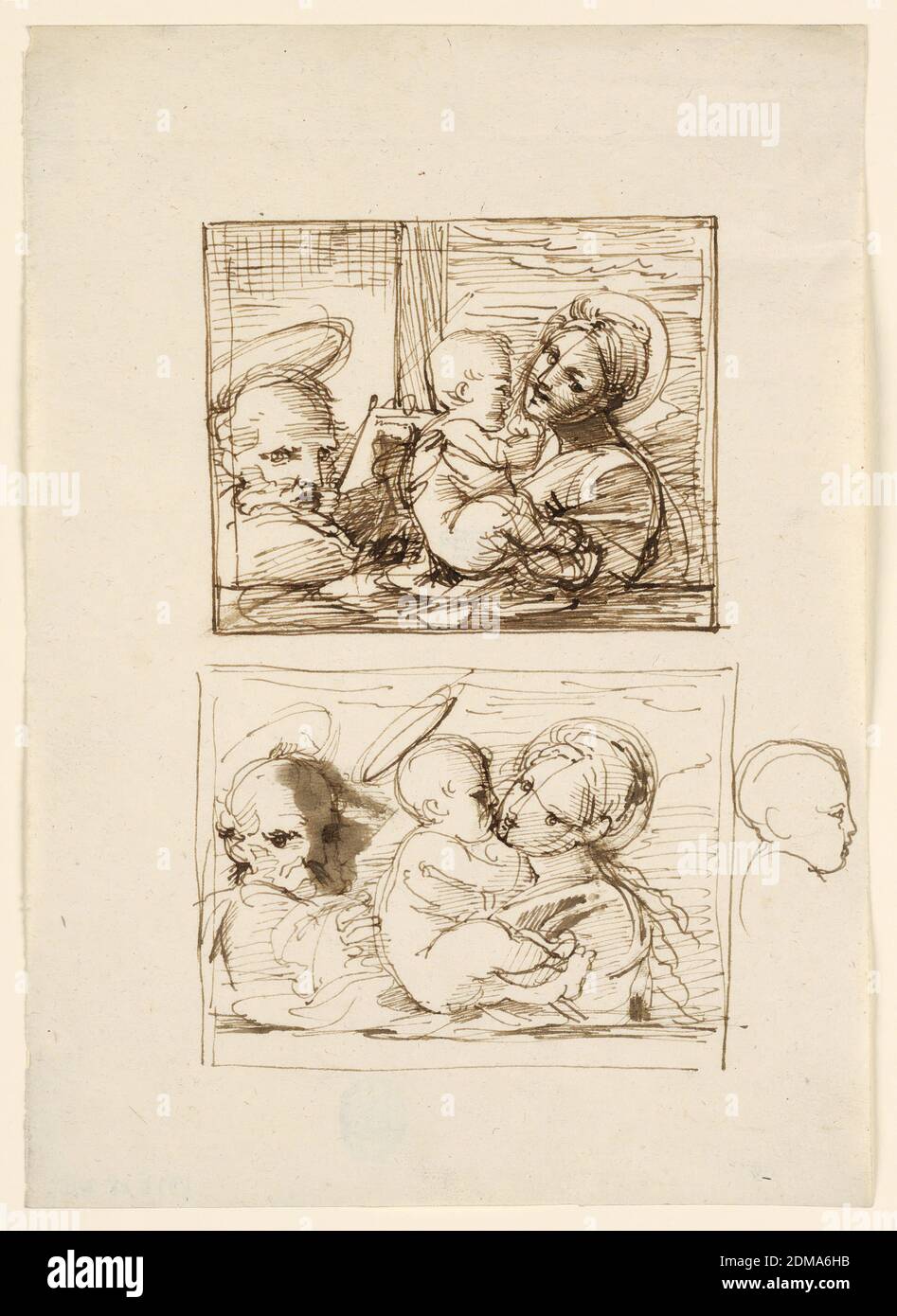 Deux représentations de Saint Luc faisant un portrait de la Vierge et de l'enfant, Fortunato Duranti, Italien, 1787 - 1863, stylo et encre sur papier, comme si vu de l'extérieur par une fenêtre. L'enfant est au centre, soutenu par la Vierge; il est en profil, tourné vers la droite. La Vierge est à droite, Saint Luc à gauche. La composition varie légèrement en dessous, la différence principale étant l'enfant embrassant Marie. A côté, à droite, se trouve un croquis de la tête de l'enfant., Rome, Italie, 1800–1825, dessin Banque D'Images