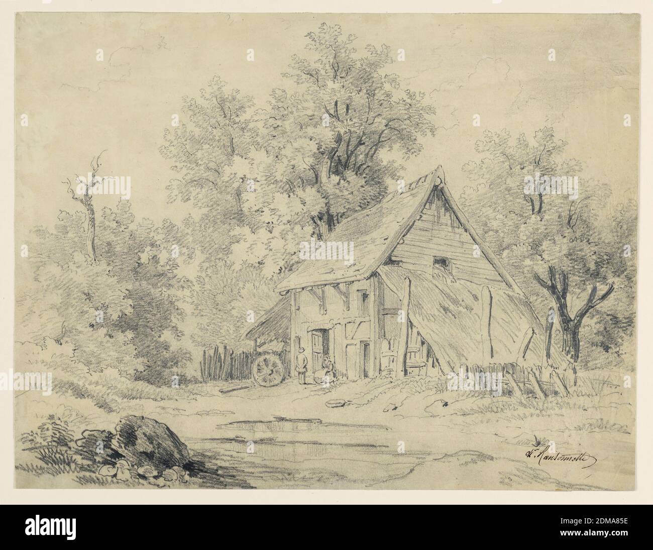 Cottage Scene, Charles Nicolas Ransonnette, français, 1793 - 1877, Graphite sur papier à tracer, monté, UNE maison en demi-bois à droite, dans une clairière. Bois en arrière-plan. La femme est assise près de la porte ouverte de la maison; un homme se tient devant elle., France, 1840, dessin Banque D'Images