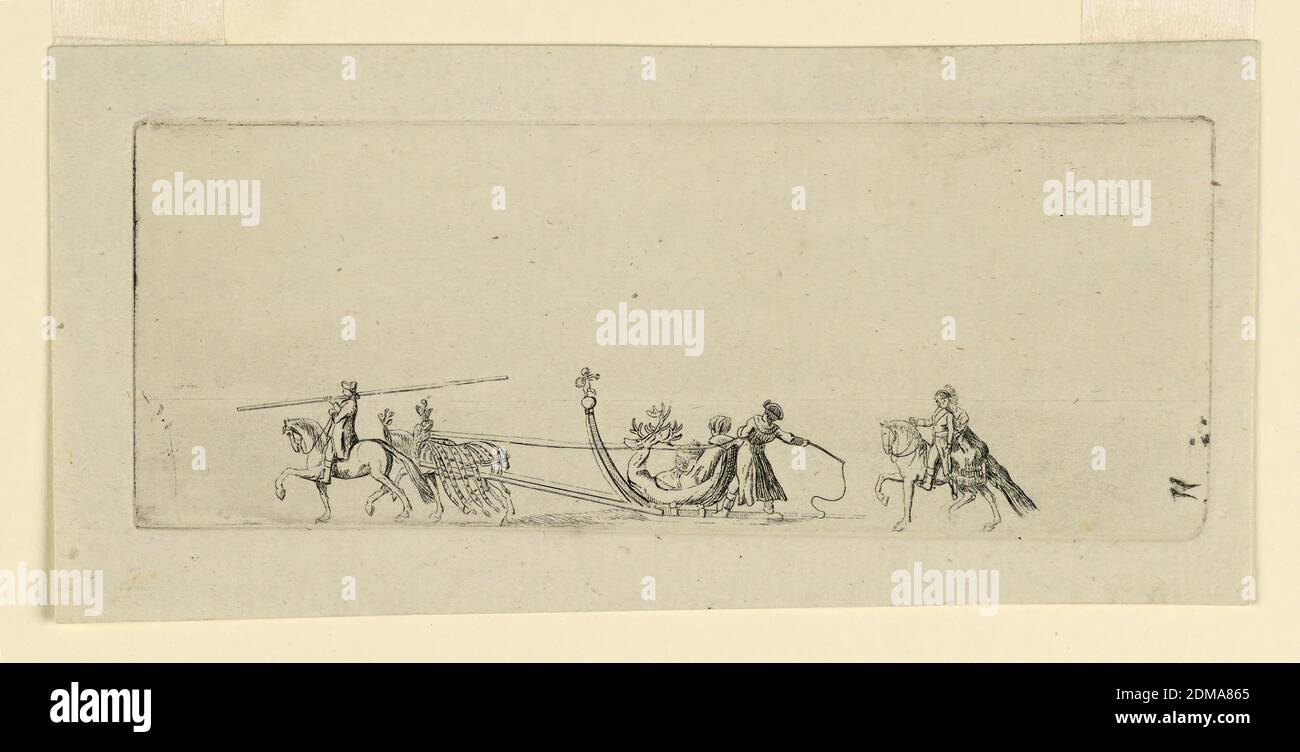 Figures en traîneau, Daniel Nikolaus Chodowiecki, allemand, 1726 - 1801, en train de graver sur papier, UN traîneau tiré par deux chevaux est vu de gauche. Derrière, un autre cheval, en posttilion, suit., Allemagne, ca. 1750, Imprimer Banque D'Images
